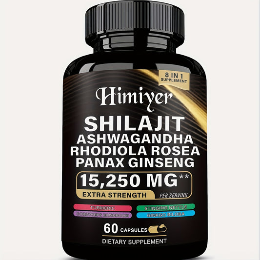 Himiyer Shilajit 9000 Panax Ginseng 1500MG Ashwagandha 2000MG Rhodiola Rosea 1000MG, Turmeric 500MG, Gingko Biloba 500MG, Stinging Nettle 250MG, Cordyceps Mushroom 500MG (60 Caps)