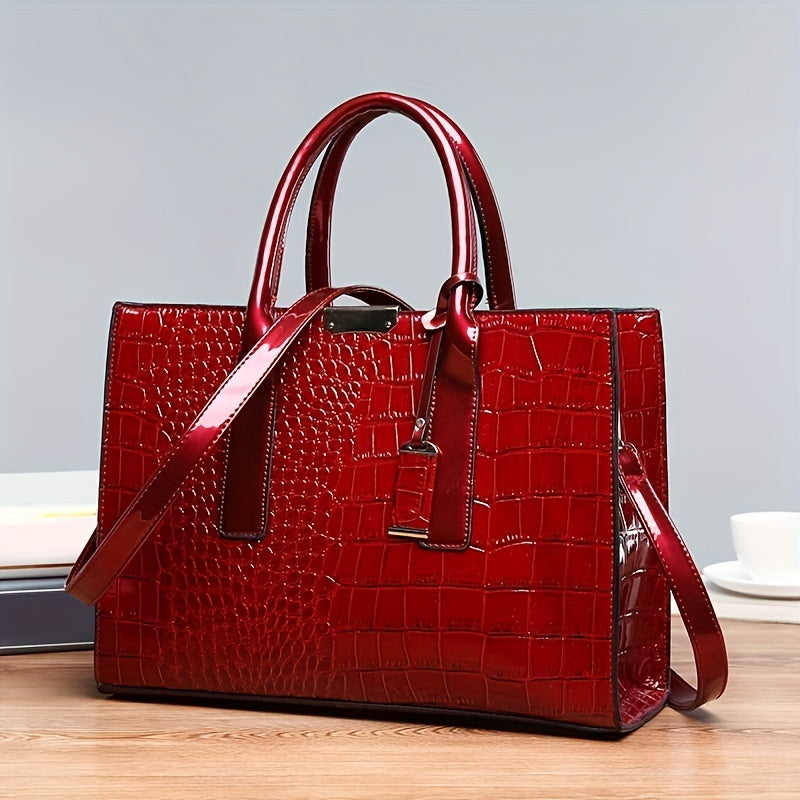 Simple Crocodile Pattern Tote Bag, Faux Leather Shoulder Bag, Women's Classic Handbag