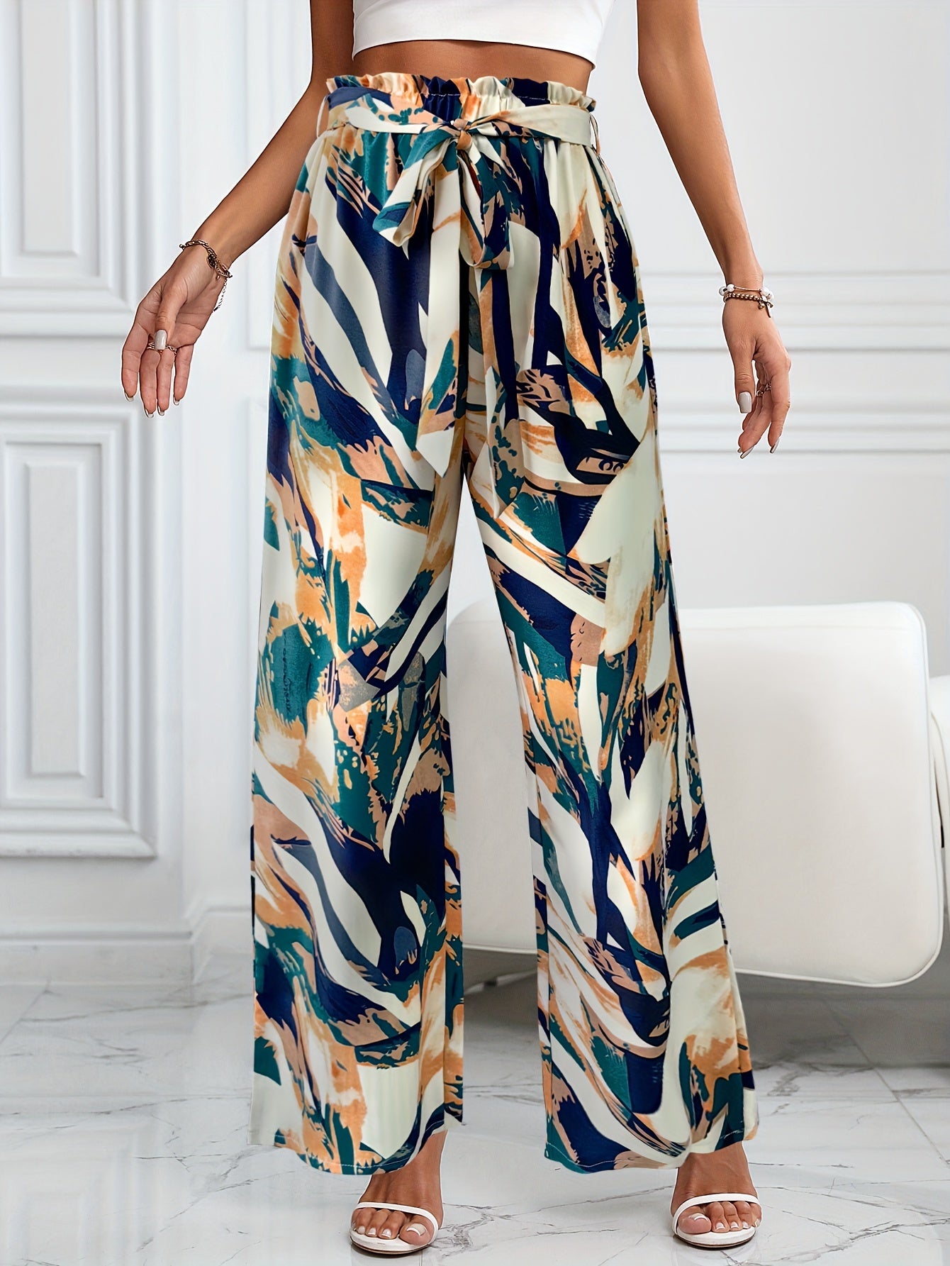 Elegant Women's Straight-Leg Pants with Chic Plant Print - Tie-Front, Non-Stretch for Spring/Summer