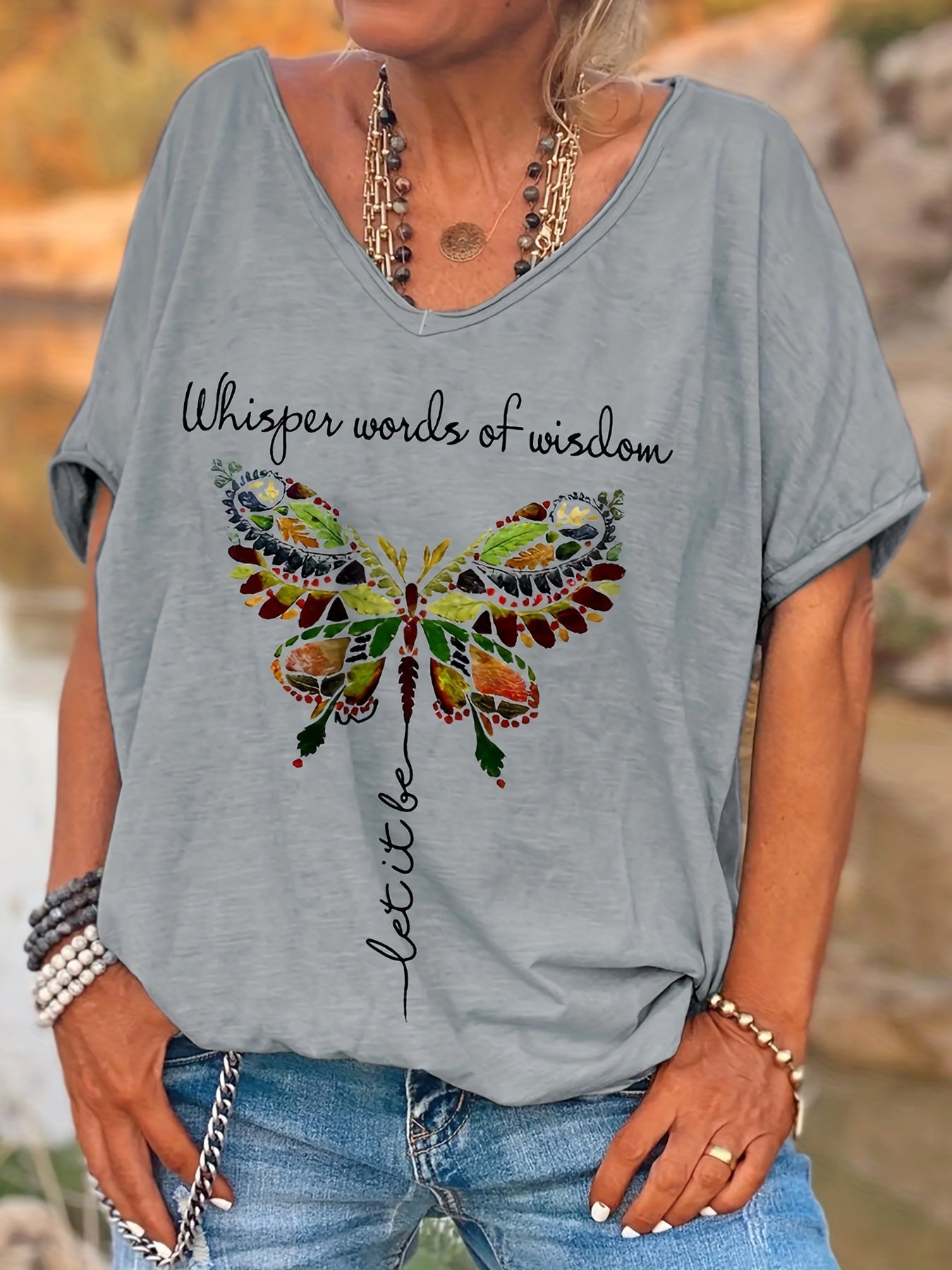 Chic Plus Size Butterfly Tee - V-Neck, Short Sleeve & Stretch Fabric for Everyday Comfort