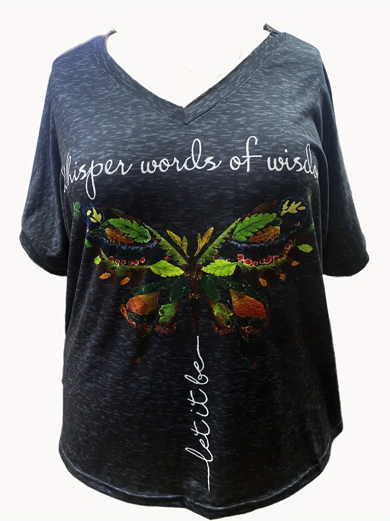 Chic Plus Size Butterfly Tee - V-Neck, Short Sleeve & Stretch Fabric for Everyday Comfort