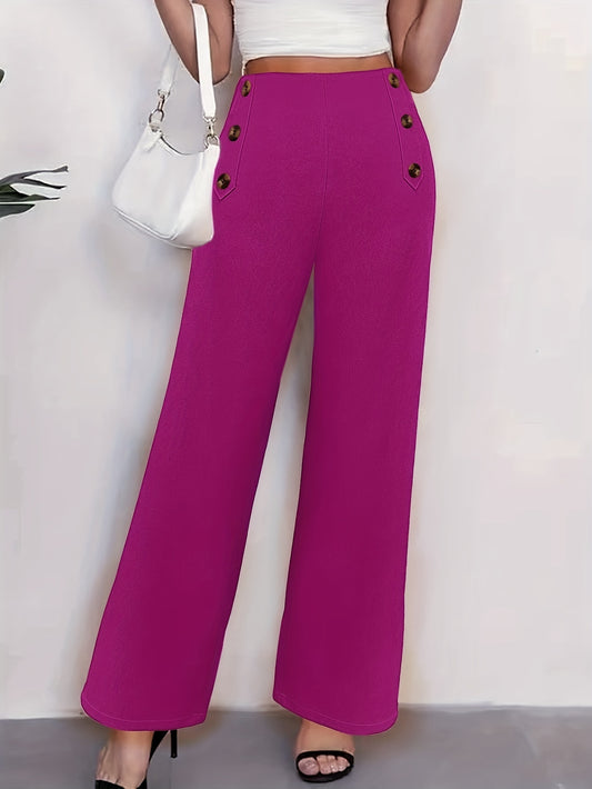 Solid Loose Straight Leg Pants, Casual Button High Waist Fashion Pants, Women's Clothing