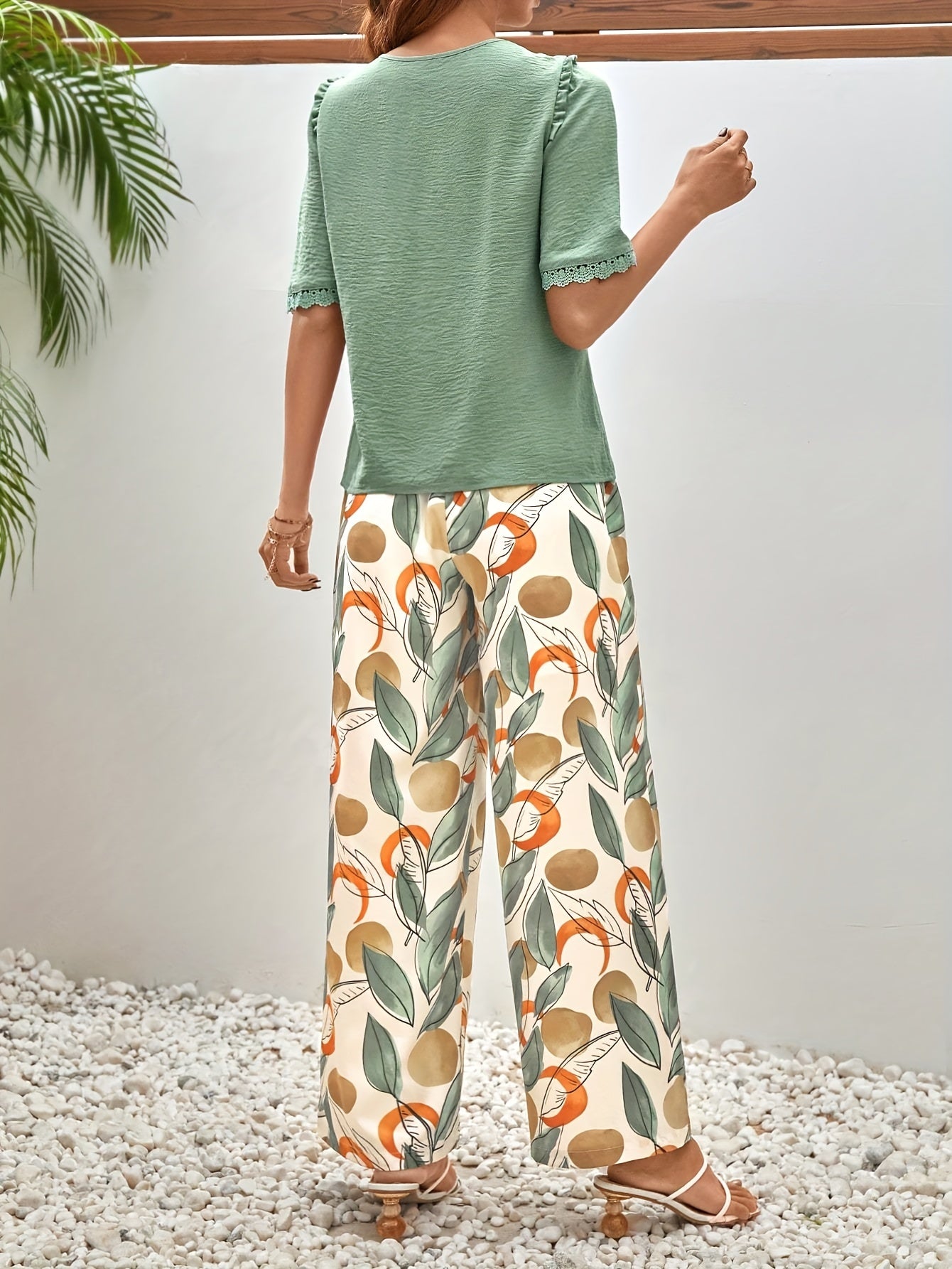 Elegant Pants Set, Solid Color V-neck Button Front Blouse & Leaves Print Straight Leg Loose Pants, Women's Clothing