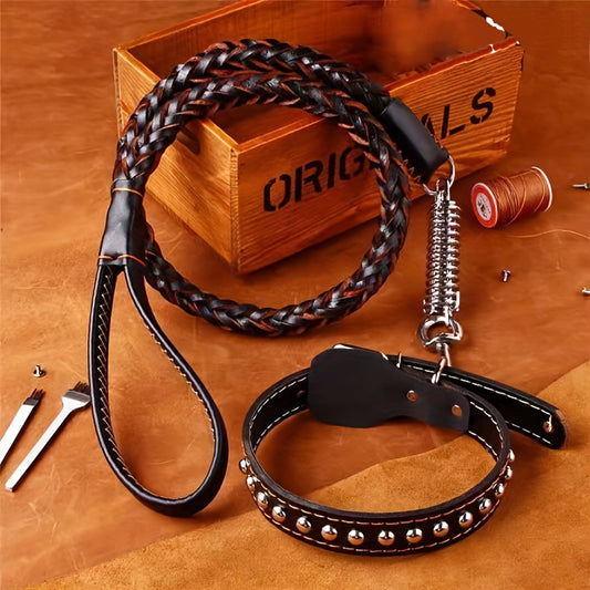 Premium Genuine Leather Dog Collar - Fashionable Studs & Cowhide Design - Includes Strong Traction Leash - Durable, Comfortable, & Explosion Proof for Safe Adventures