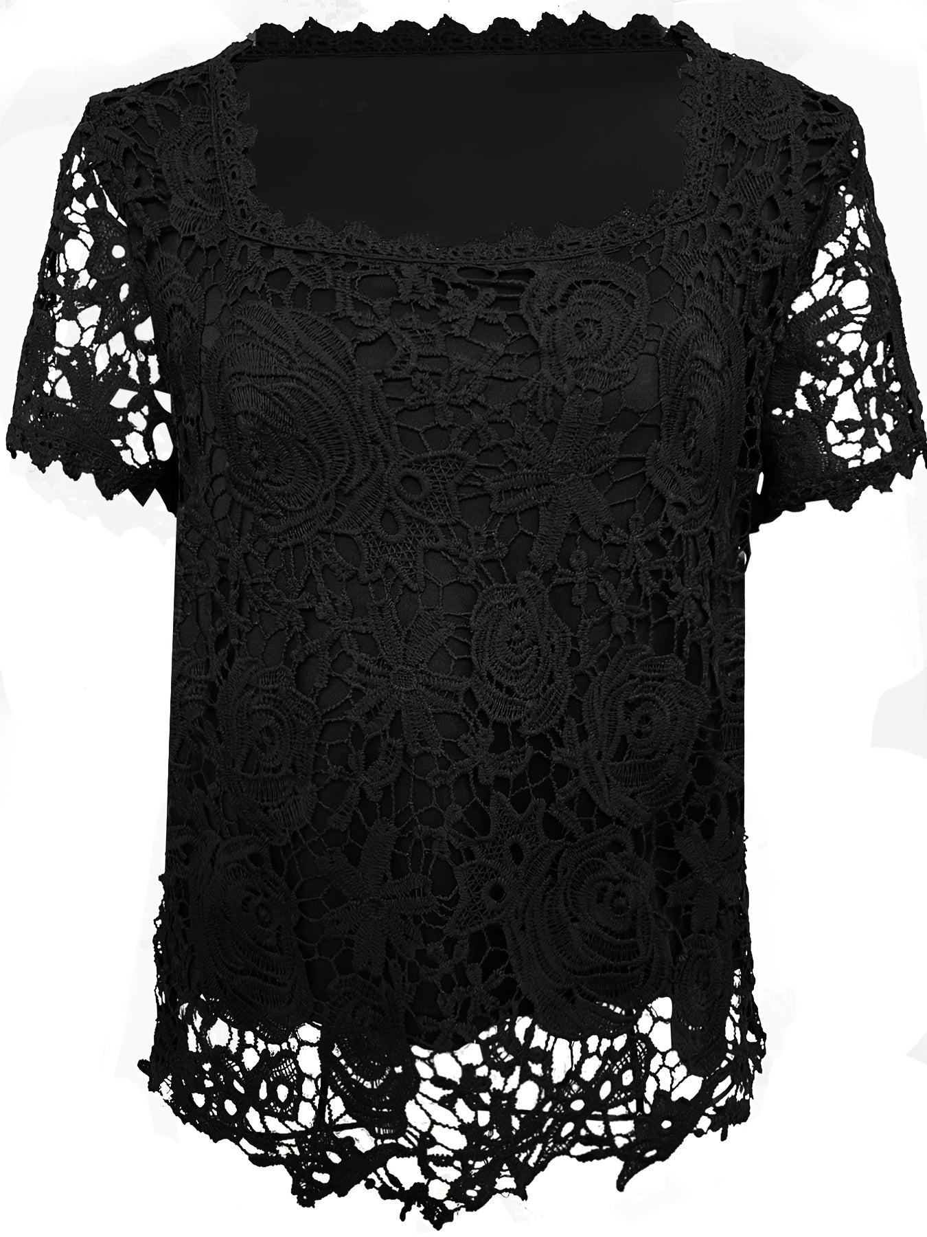 Plus Size Lace Stitching Blouse, Elegant Square Neck Short Sleeve Blouse For Spring, Women's Plus Size Clothing