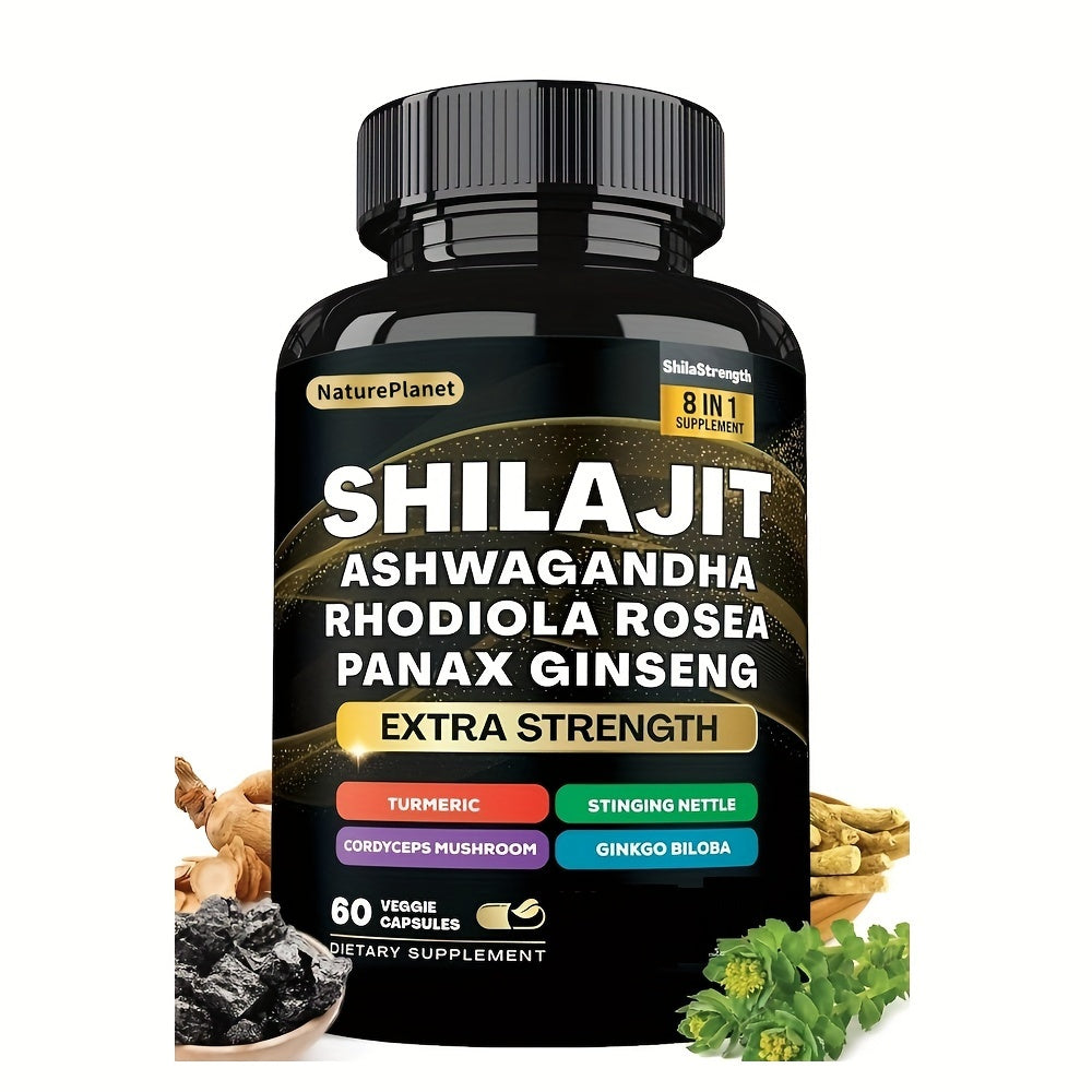 NaturePlanet, 1btl/2btls, 8 In 1 Ultimate Synergy Blend, Energy & Stamina Supplement Wiyan Shilajit 9000MG, Ashwagandha 2000MG, Rhodiola Rosea 1000MG, Panax Ginseng 1500MG, Turmeric 500MG, Ginkgo Biloba  60 Veggie Capsulesth Pure Himala