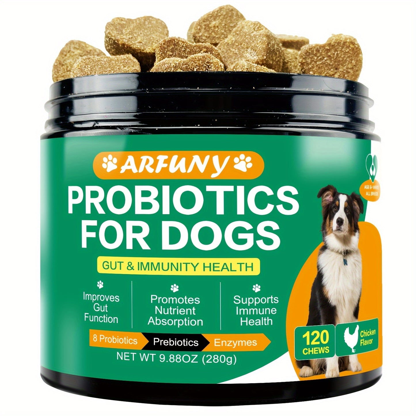 Probiotic Supplement For Dogs, 10oz Dog Probiotic Healthy Supplement, Dog Prebiotic and Digestive Enzymes Chews, Dog Probiotic Food, Chicken Flavor, 120 Chews