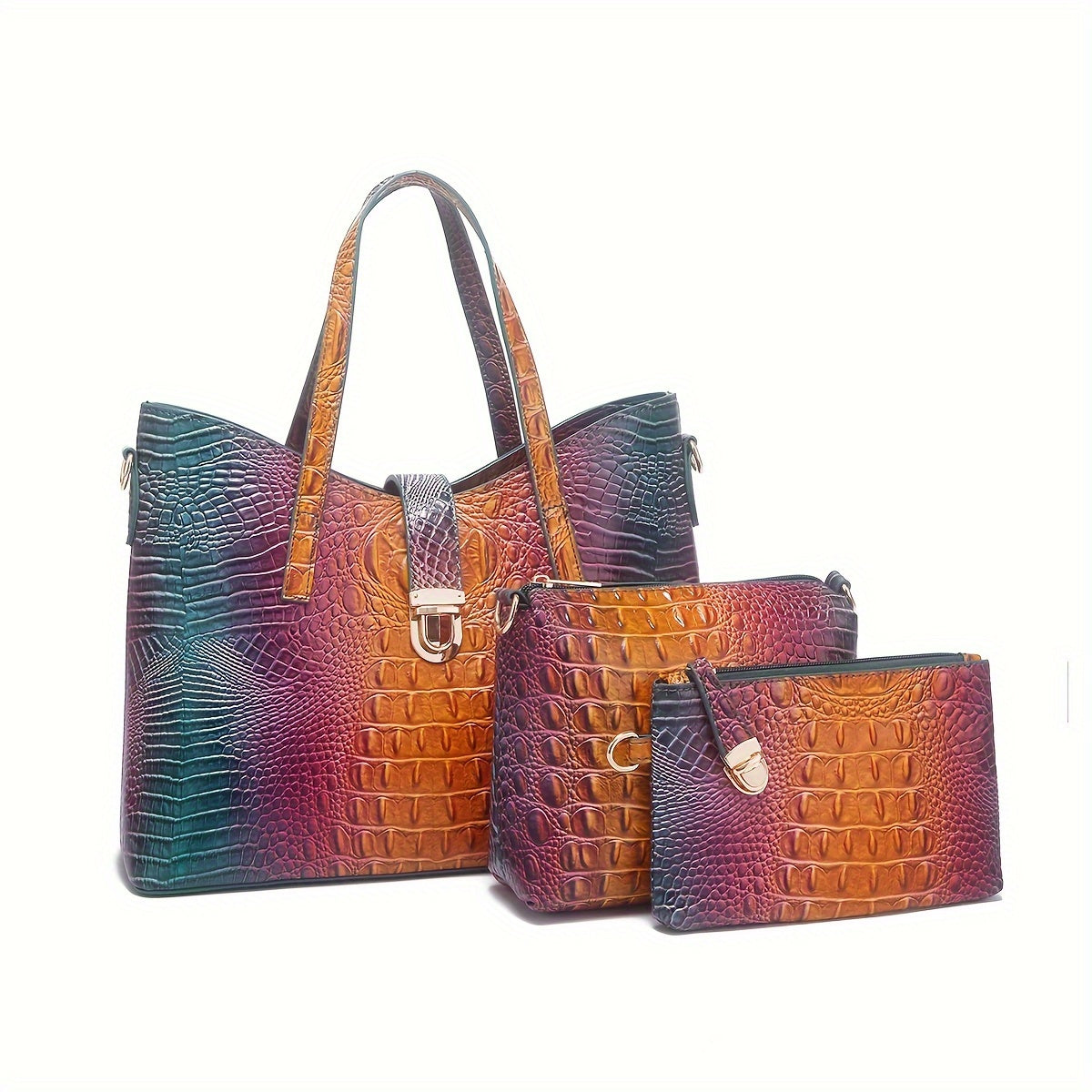 3pcs Gradient Color Purse Set, Fashion Crocodile Pattern Tote Bag, Women's Handbag With Crossbody Bag And Mini Coin Purse