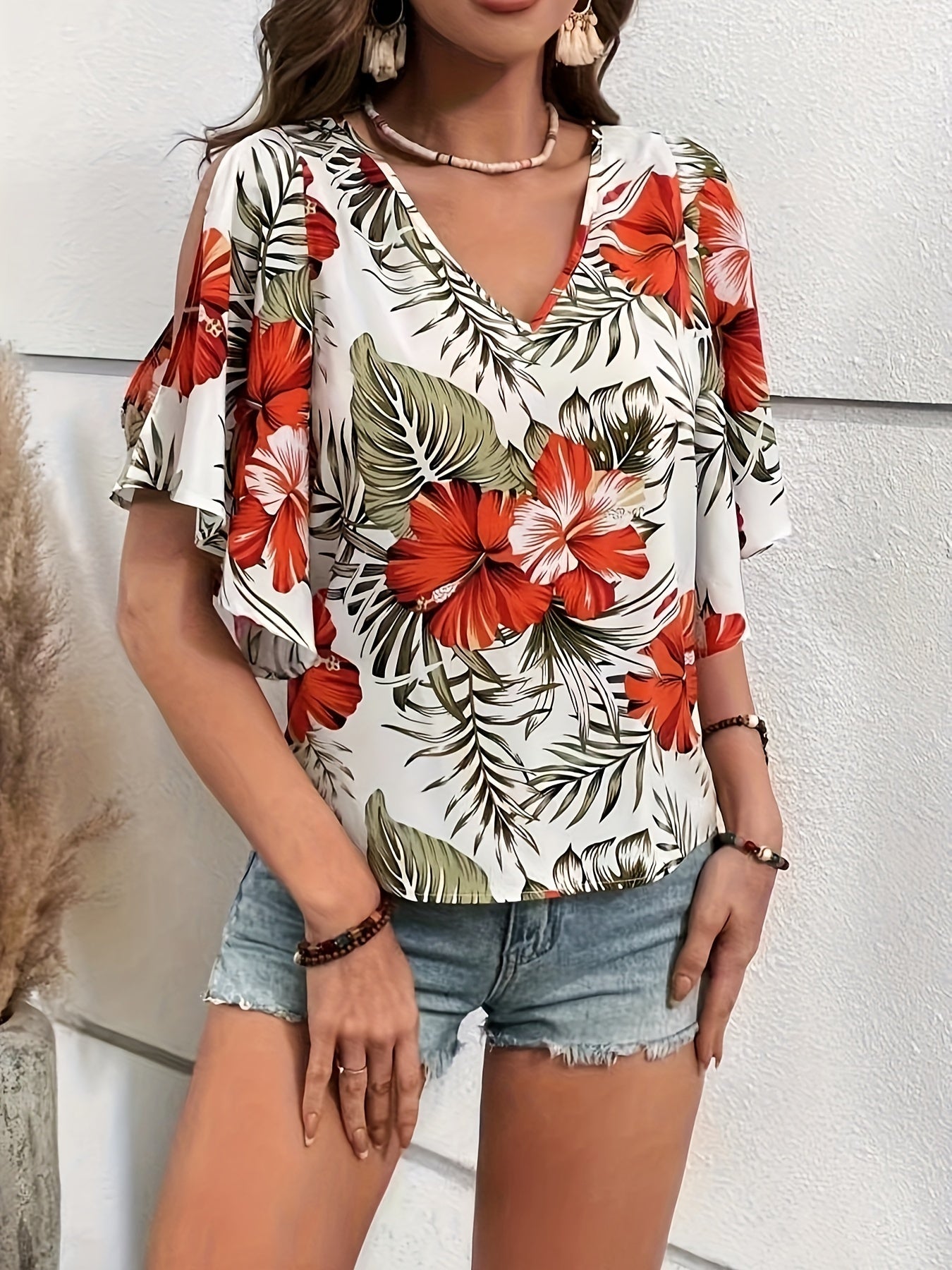 Floral Print V Neck Blouse, Elegant Split Sleeve Blouse For Spring & Summer, Women's Clothing