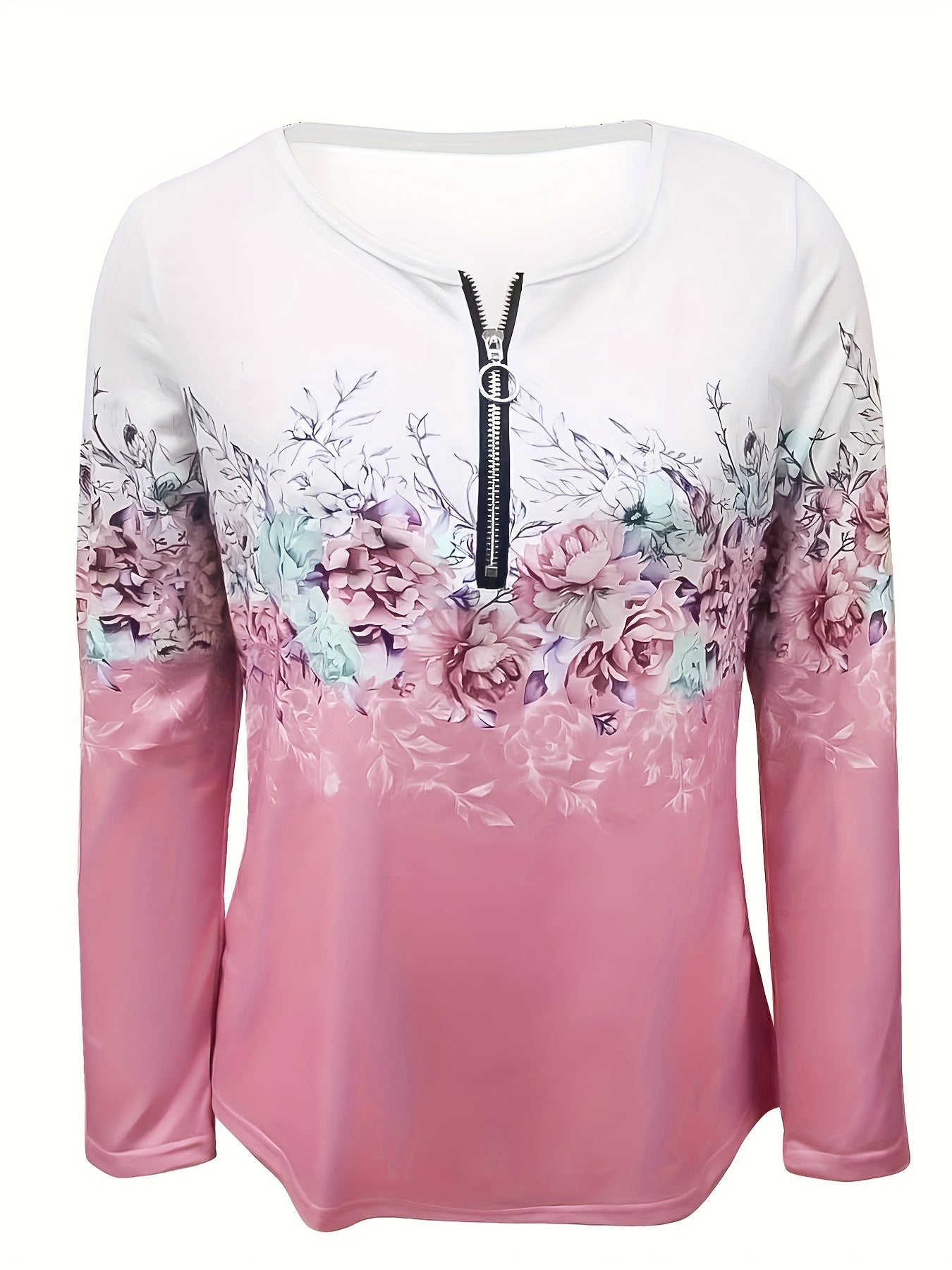 Floral Print Zip Up T-shirt, Casual Long Sleeve Top For Spring & Fall, Women's Clothing