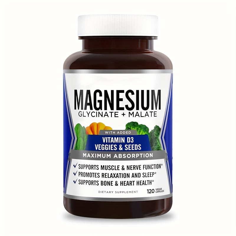 GlowVigor, 1btl/2btls/3btls, Magnesium Glycinate & Malate Complex W/Vitamin D3, 100% Chelated For Max Absorption, Bone Health, Nerves, Muscles, 120 Capsules/btl, 60 Days Healthcare Supplement