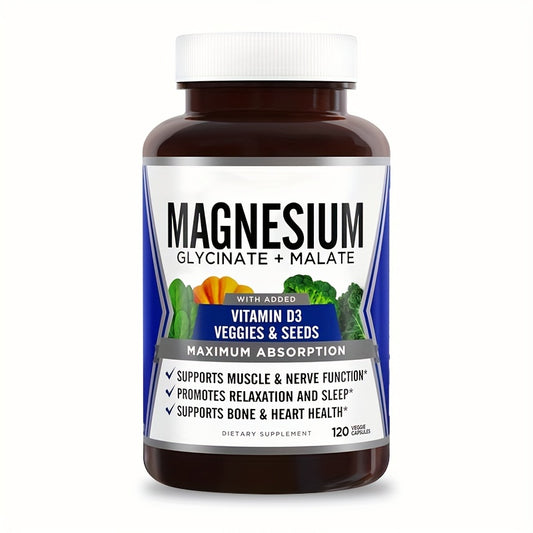 GlowVigor, 1btl/2btls/3btls, Magnesium Glycinate & Malate Complex W/Vitamin D3, 100% Chelated For Max Absorption, Bone Health, Nerves, Muscles, 120 Capsules/btl, 60 Days Healthcare Supplement