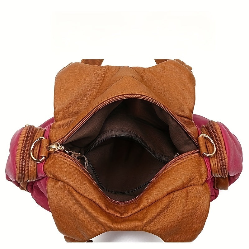 Fashion-Forward PU Leather Hobo Shoulder Bag: Secure Zipper, Rivet Decor, & Stylish Stitching for the Trendy Woman