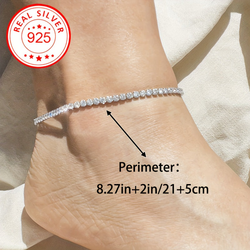 S925 Sterling Silver Ankle Bracelet For Women, Sparkling Rhinestone Chain, Luxury Shiny Foot Jewelry, Hypoallergenic, Perfect For Beach Vacation, Wedding, Party Accessory, Gift, 4.8g/0.17oz