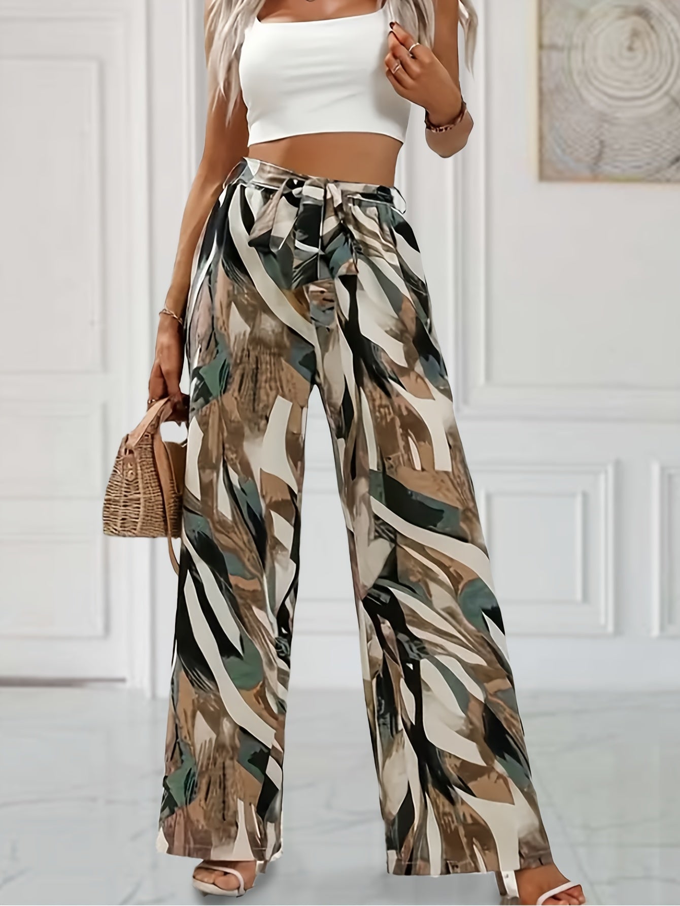 Elegant Women's Straight-Leg Pants with Chic Plant Print - Tie-Front, Non-Stretch for Spring/Summer