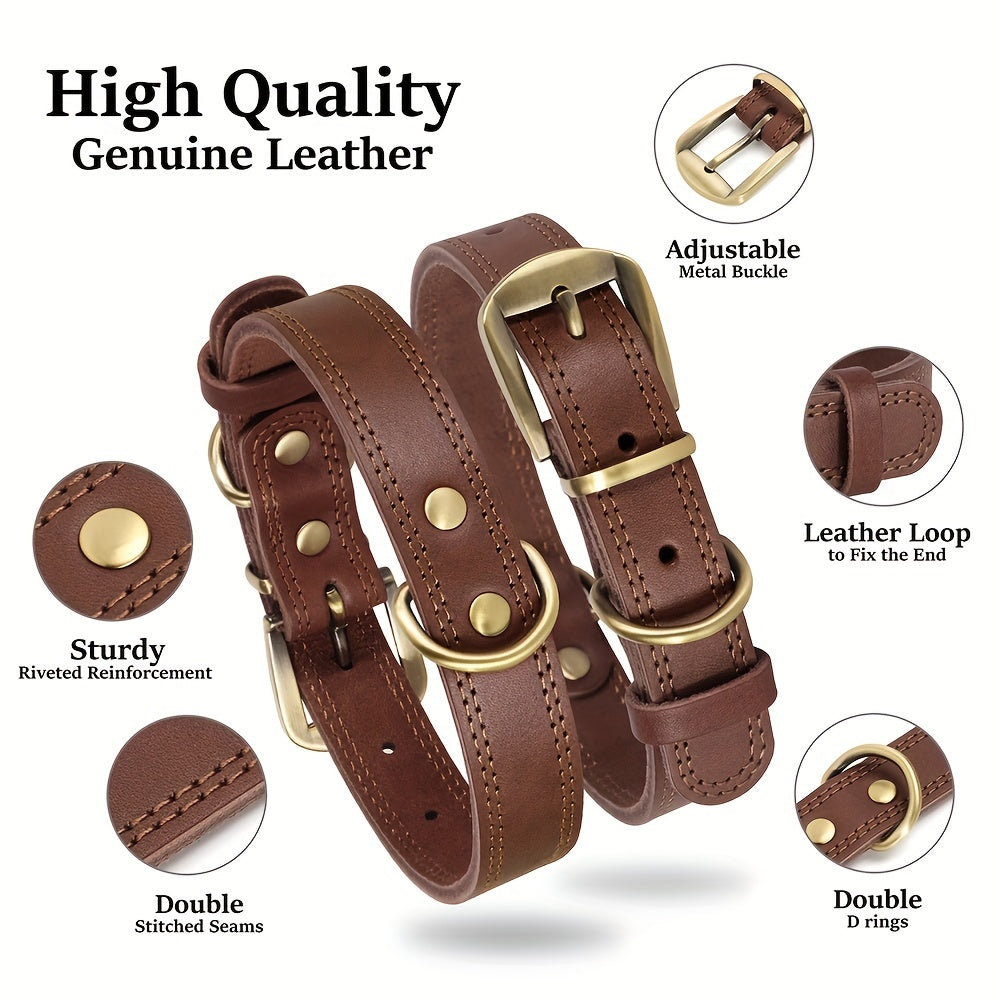 Genuine Leather Dog Collar Durable Soft Puppy Collar With Adjustable Metal Buckle For Small Medium And Large Dogs