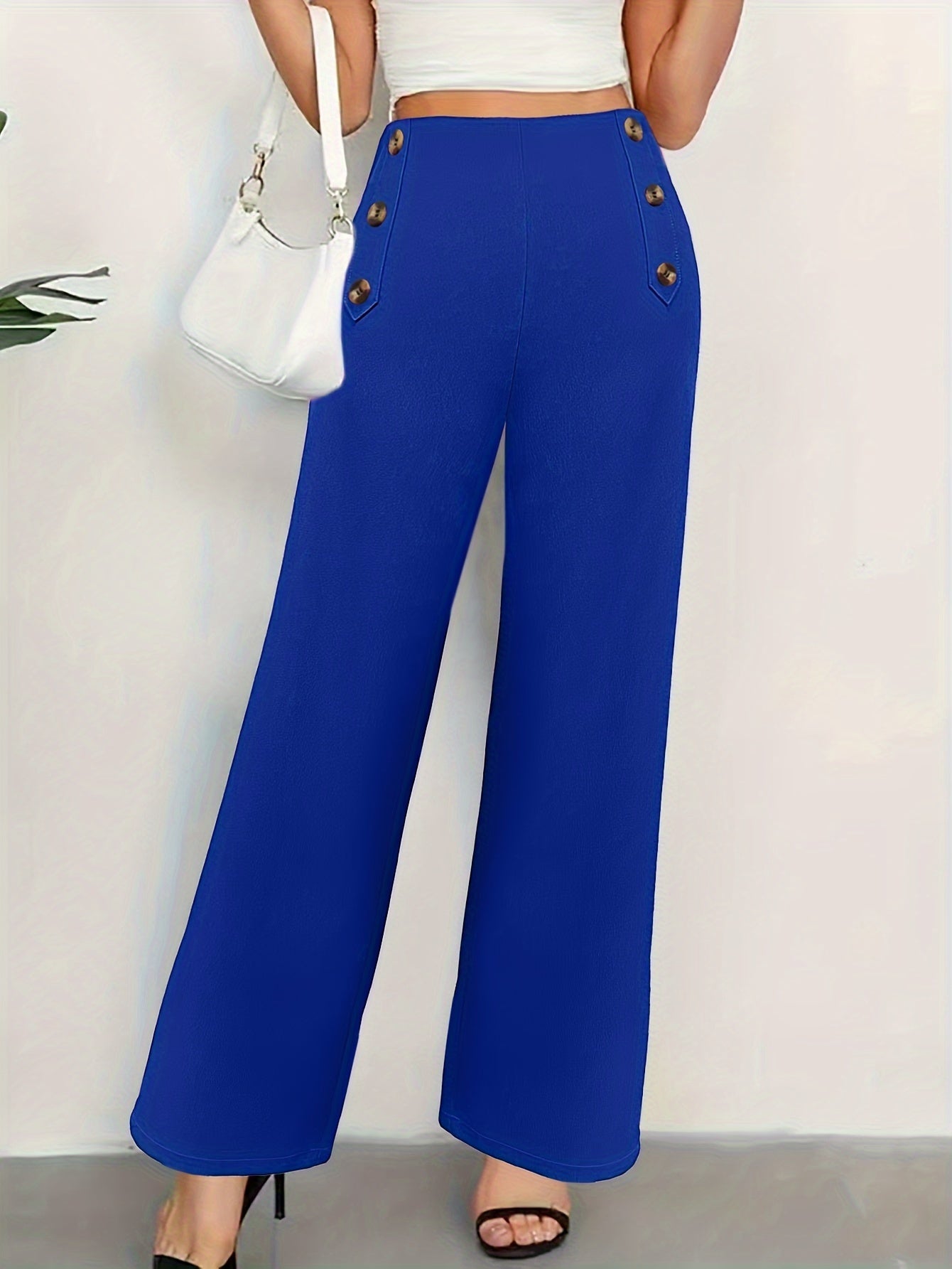 Solid Loose Straight Leg Pants, Casual Button High Waist Fashion Pants, Women's Clothing