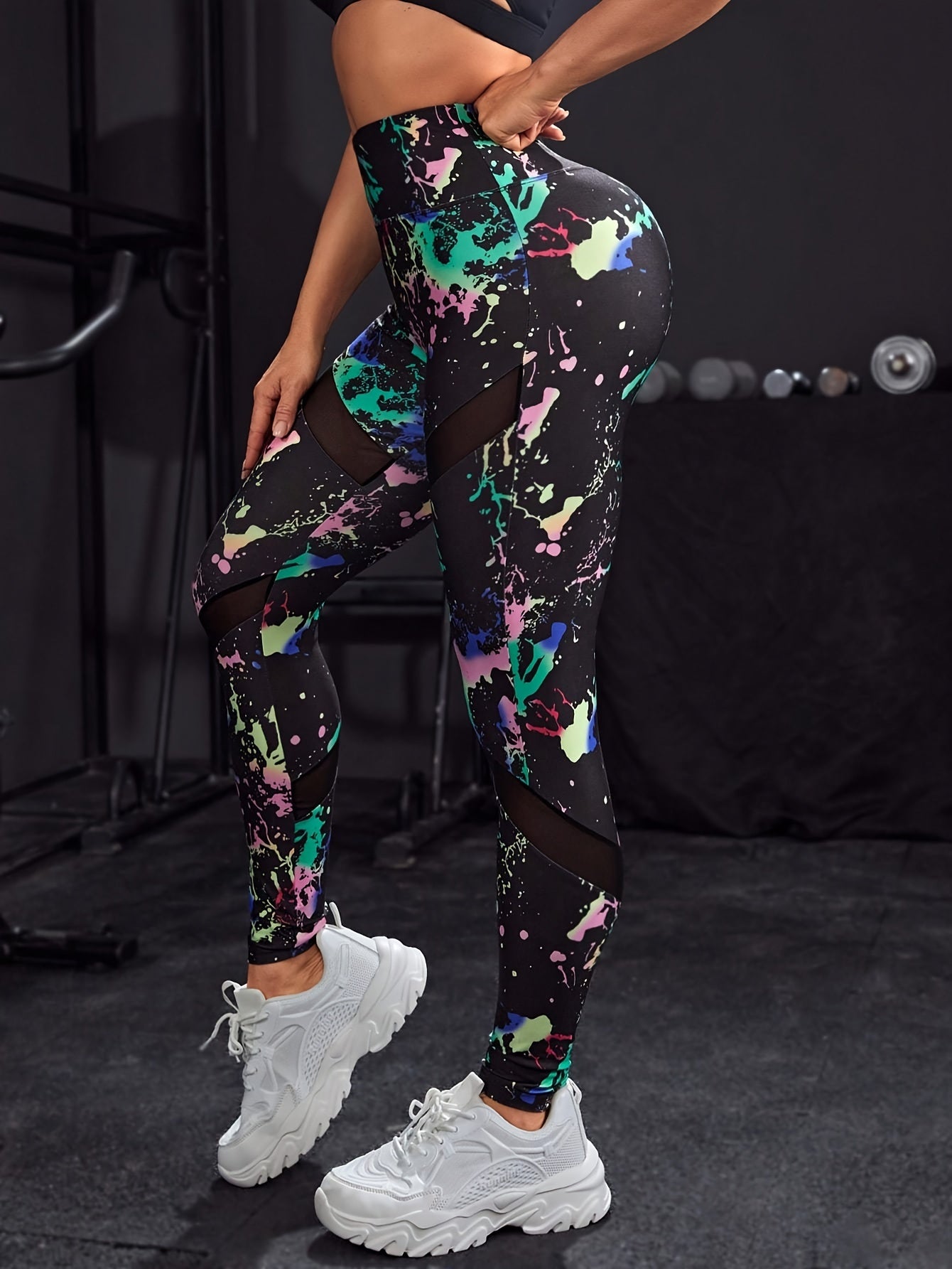 Women's Splash Print High-Waisted Leggings With Mesh Contrast, Comfortable Sports Long Pants For Workout & Casual Wear